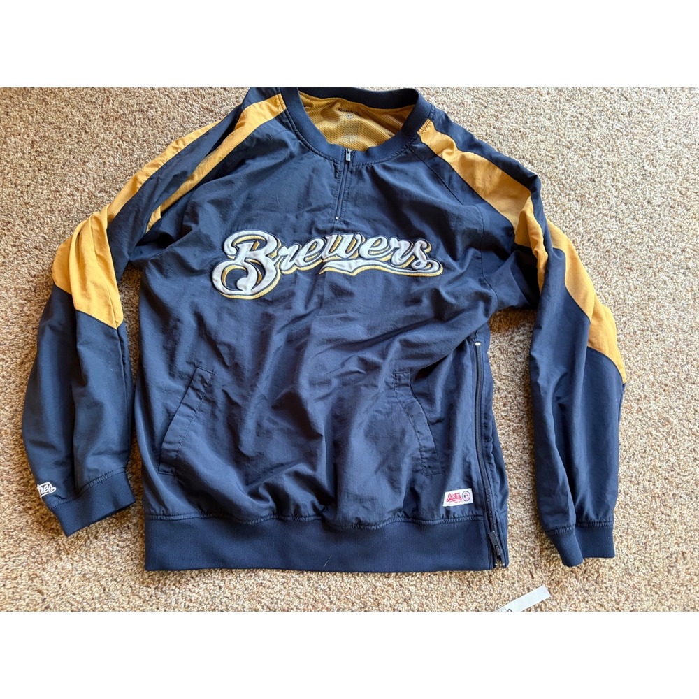 Stitches Milwaukee Brewers MLB Windbreaker Navy Gold Quarter Zip Mens Large